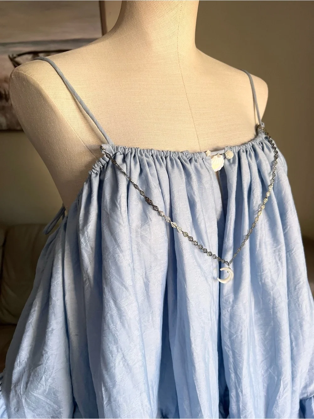Babydoll Mini Dress Sz M Linen Blend Light Blue Ruffle Spaghetti Strap Angelic_2